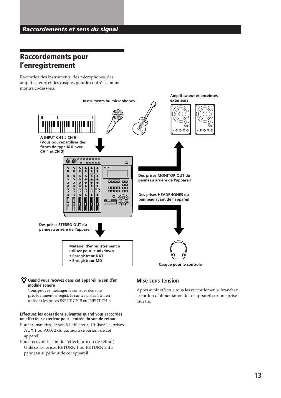 Raccordements pour l’enregistrement, Raccordements et sens du signal, Mise sous tension | Sony MDM-X4 User Manual | Page 78 / 194