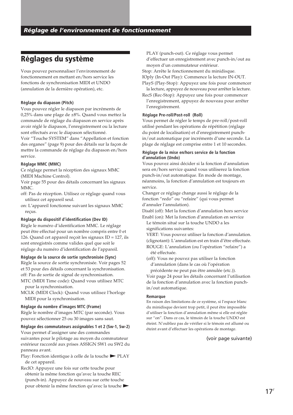 Réglages du système, Réglage de l’environnement de fonctionnement | Sony MDM-X4 User Manual | Page 82 / 194