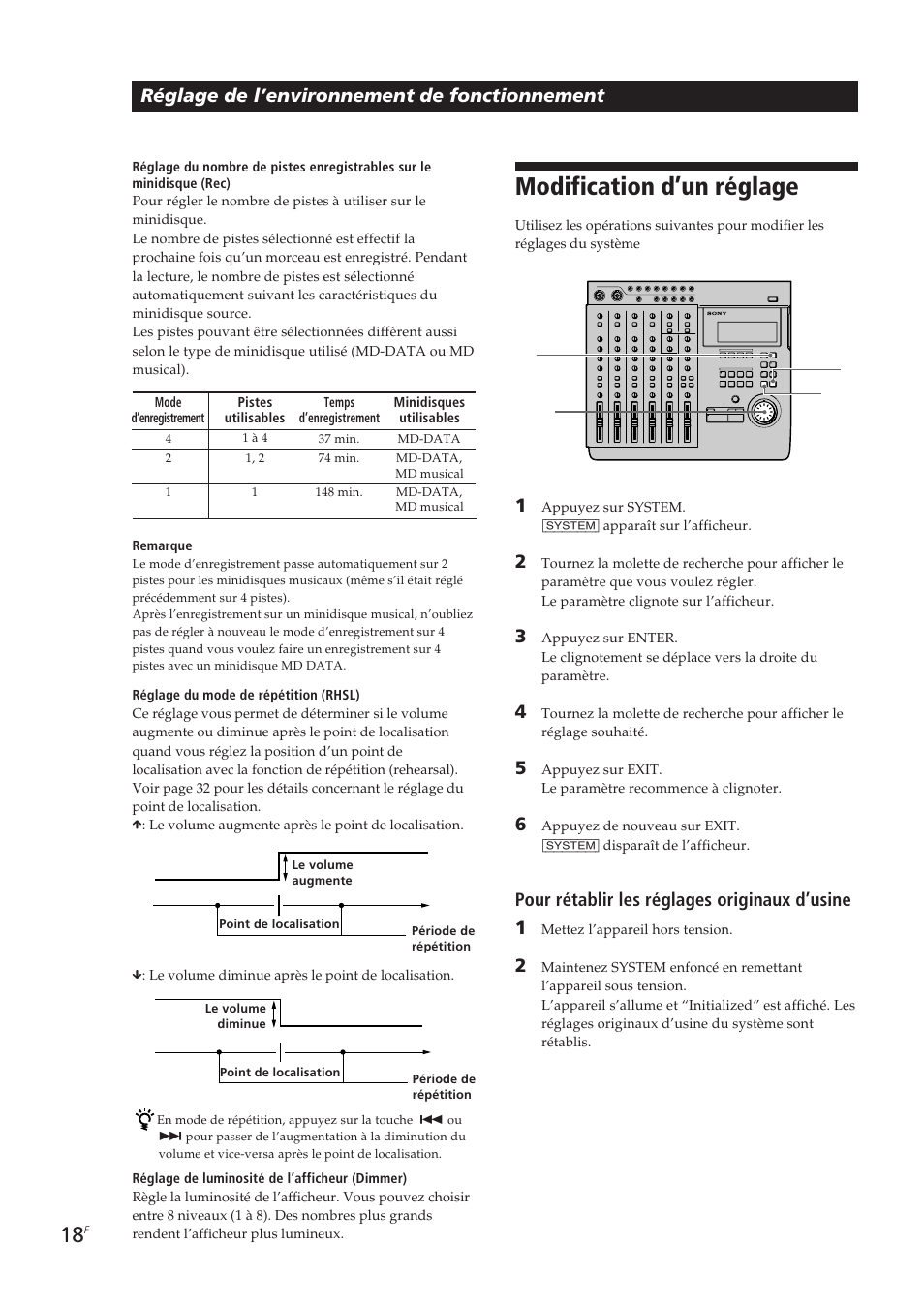 Modification d’un réglage, Réglage de l’environnement de fonctionnement, Pour rétablir les réglages originaux d’usine 1 | Sony MDM-X4 User Manual | Page 83 / 194