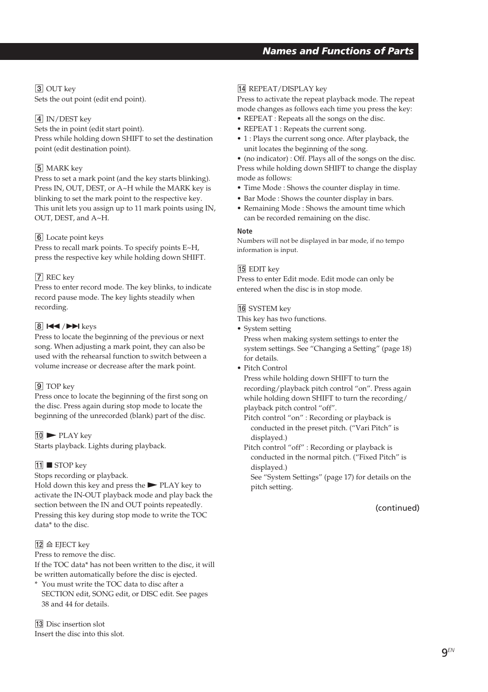 Names and functions of parts | Sony MDM-X4 User Manual | Page 9 / 194