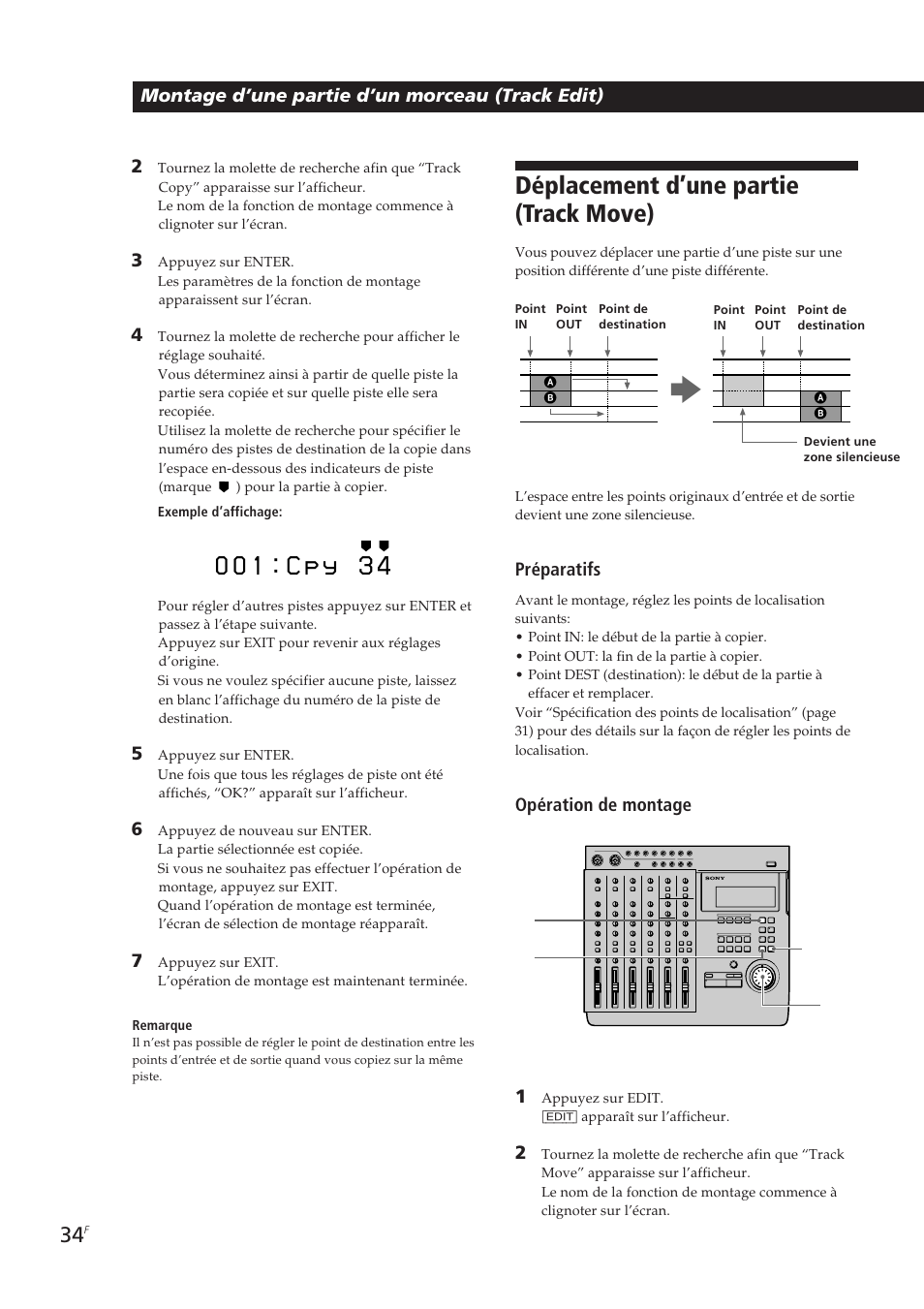 Déplacement d’une partie (track move), Montage d’une partie d’un morceau (track edit) 2, Préparatifs | Opération de montage 1 | Sony MDM-X4 User Manual | Page 99 / 194