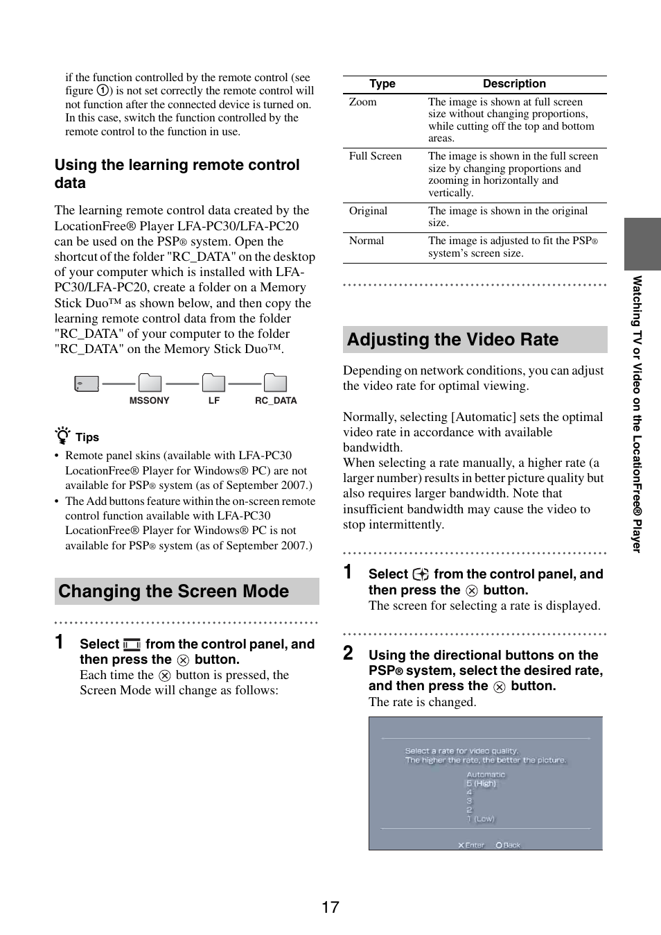Changing the screen mode, Adjusting the video rate, Using the learning remote control data | Sony LocationFree Player for PSP User Manual | Page 17 / 27