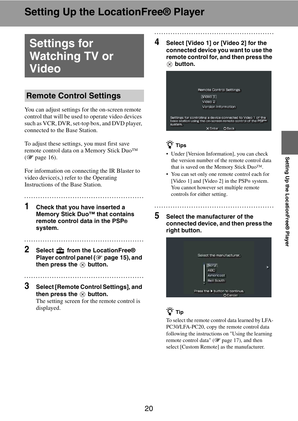 Setting up the locationfree® player, Settings for watching tv or video, Remote control settings | Sony LocationFree Player for PSP User Manual | Page 20 / 27