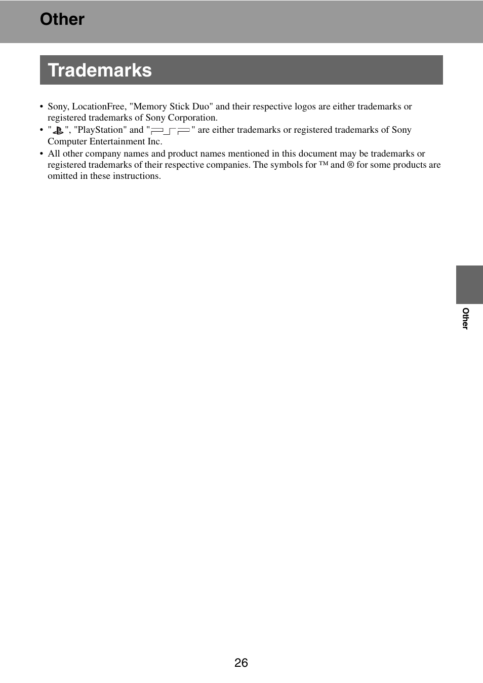 Other, Trademarks | Sony LocationFree Player for PSP User Manual | Page 26 / 27