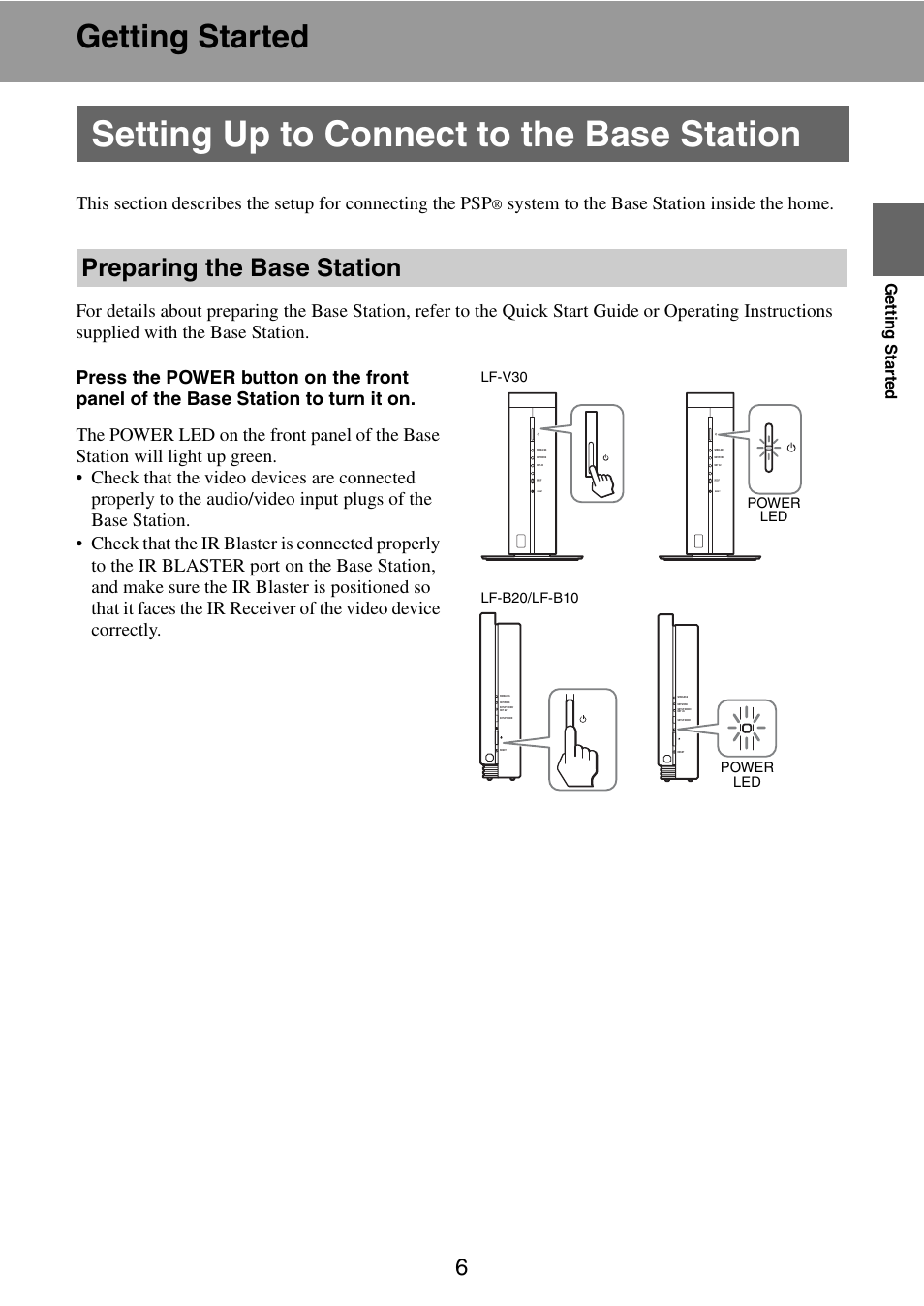 Getting started, Setting up to connect to the base station, Preparing the base station | Gettin g star ted | Sony LocationFree Player for PSP User Manual | Page 6 / 27