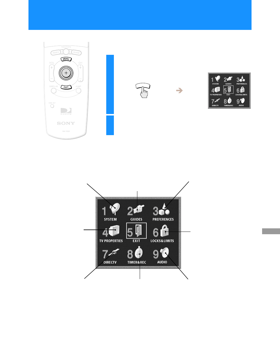 Using the on-screen displays, Using the main menu, Closing the main menu | Press the menu button | Sony HD100 User Manual | Page 25 / 96