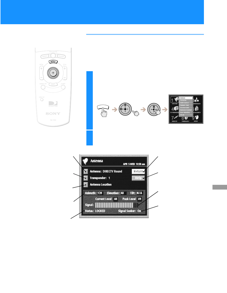 Setting up the satellite or digital tv antenna, Highlight and select “antenna | Sony HD100 User Manual | Page 27 / 96