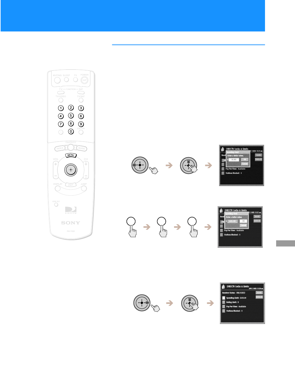 Directv locks & limits and tv locks & limits, Changing the spending limit | Sony HD100 User Manual | Page 67 / 96