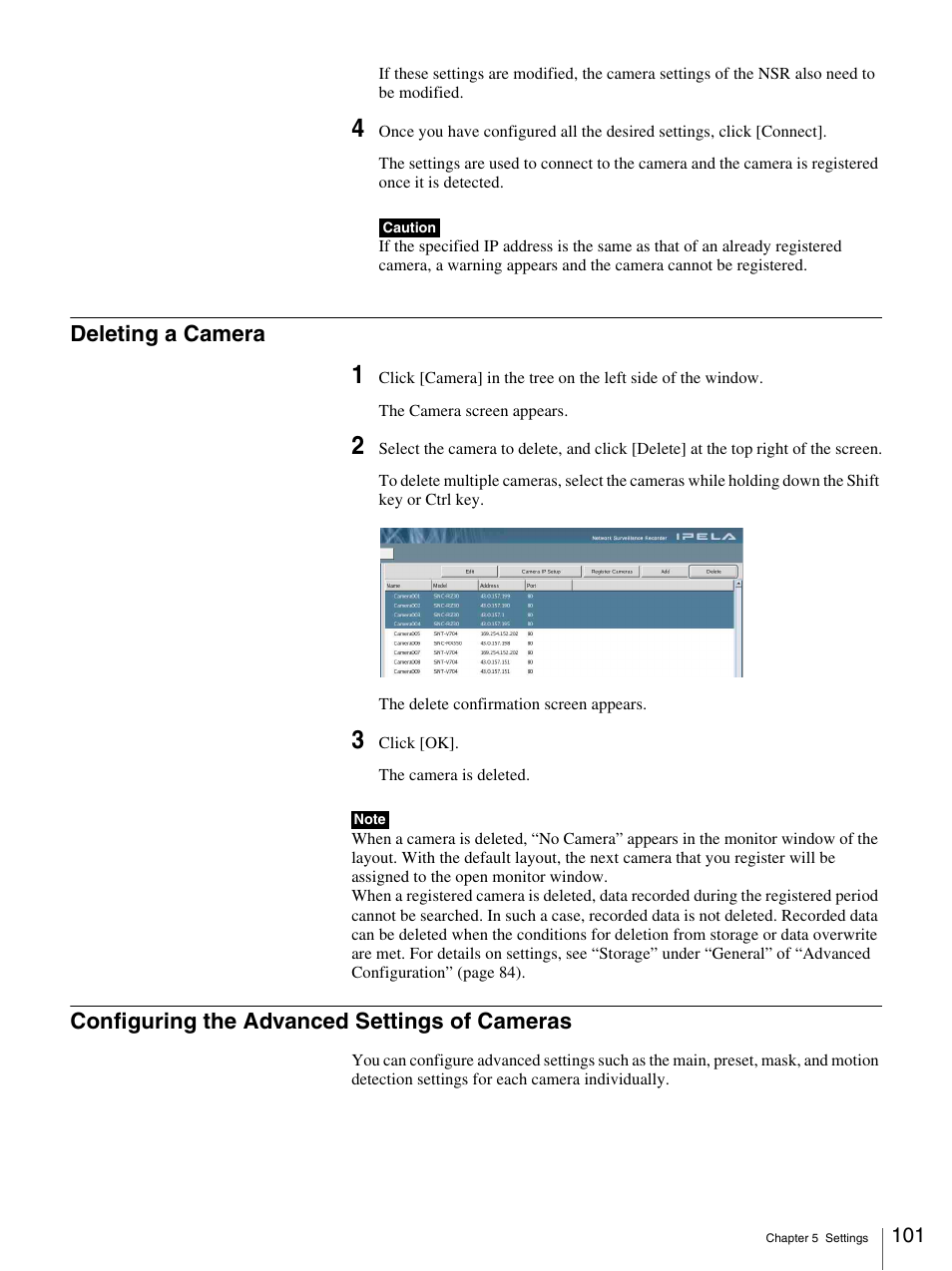 Deleting a camera, Configuring the advanced settings of cameras | Sony IPELA NSR-100 User Manual | Page 101 / 186