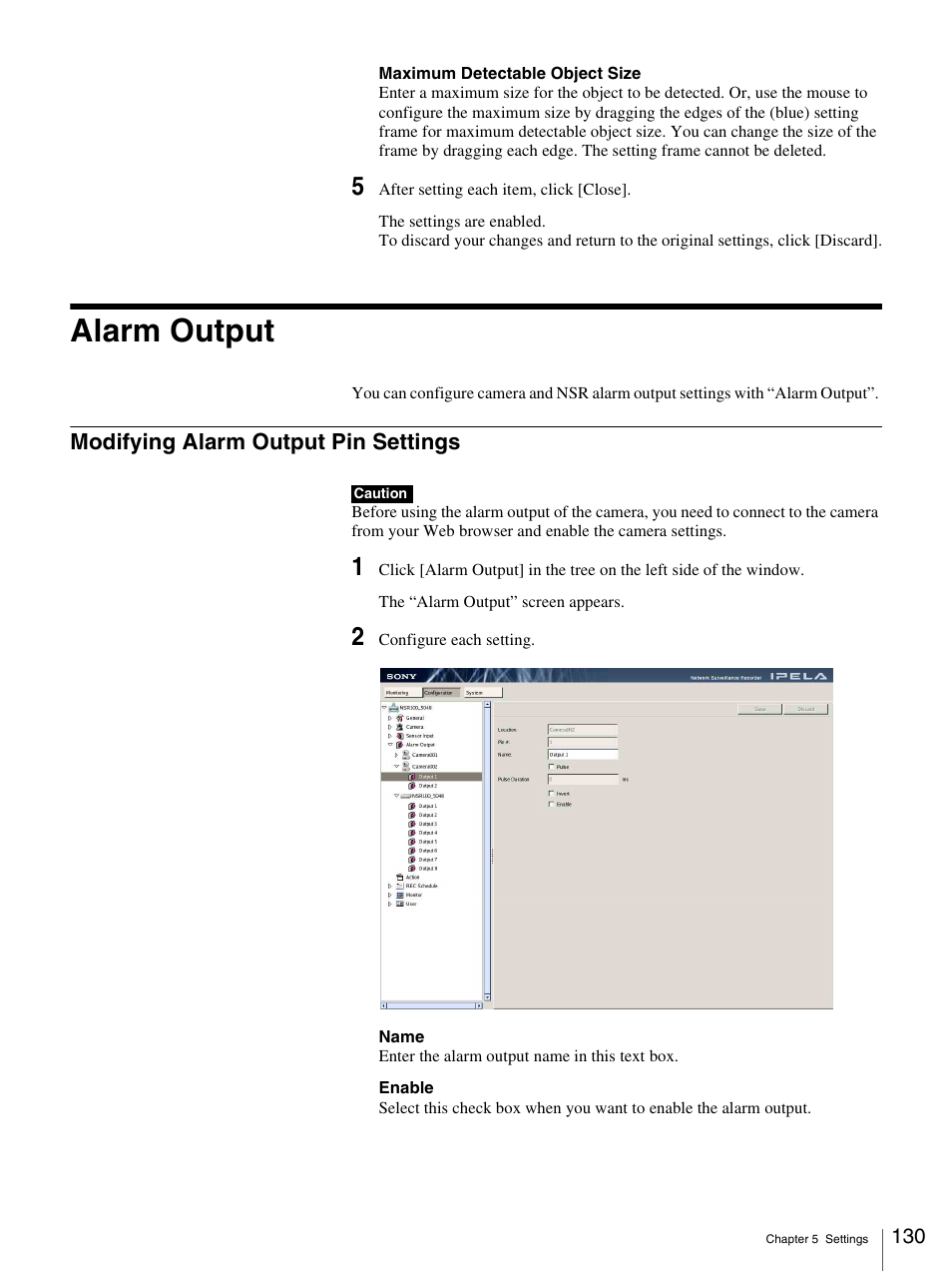 Alarm output, Modifying alarm output pin settings | Sony IPELA NSR-100 User Manual | Page 130 / 186