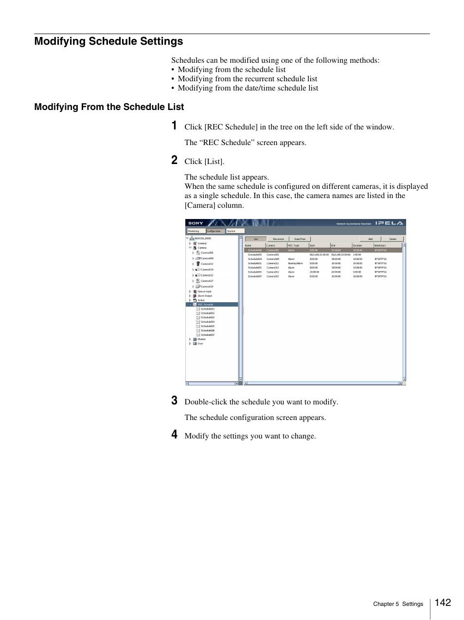 Modifying schedule settings | Sony IPELA NSR-100 User Manual | Page 142 / 186