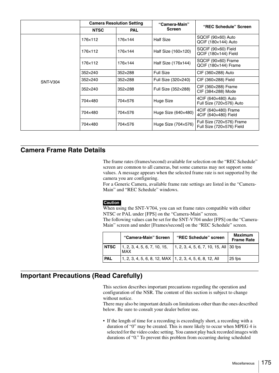 Camera frame rate details, Important precautions (read carefully) | Sony IPELA NSR-100 User Manual | Page 175 / 186
