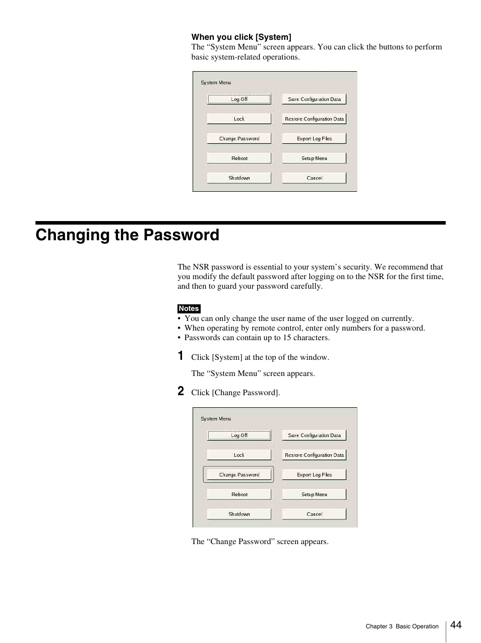 Changing the password | Sony IPELA NSR-100 User Manual | Page 44 / 186