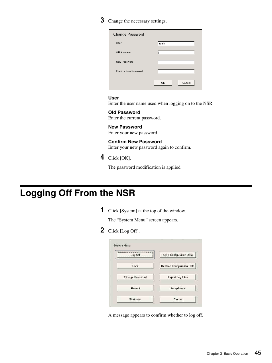 Logging off from the nsr | Sony IPELA NSR-100 User Manual | Page 45 / 186