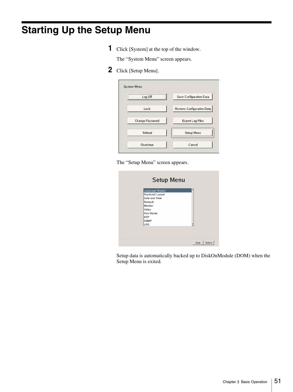 Starting up the setup menu | Sony IPELA NSR-100 User Manual | Page 51 / 186