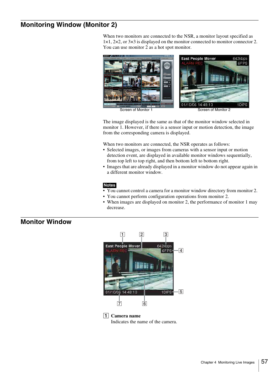 Monitoring window (monitor 2), Monitor window, Monitoring window (monitor 2) monitor window | Sony IPELA NSR-100 User Manual | Page 57 / 186