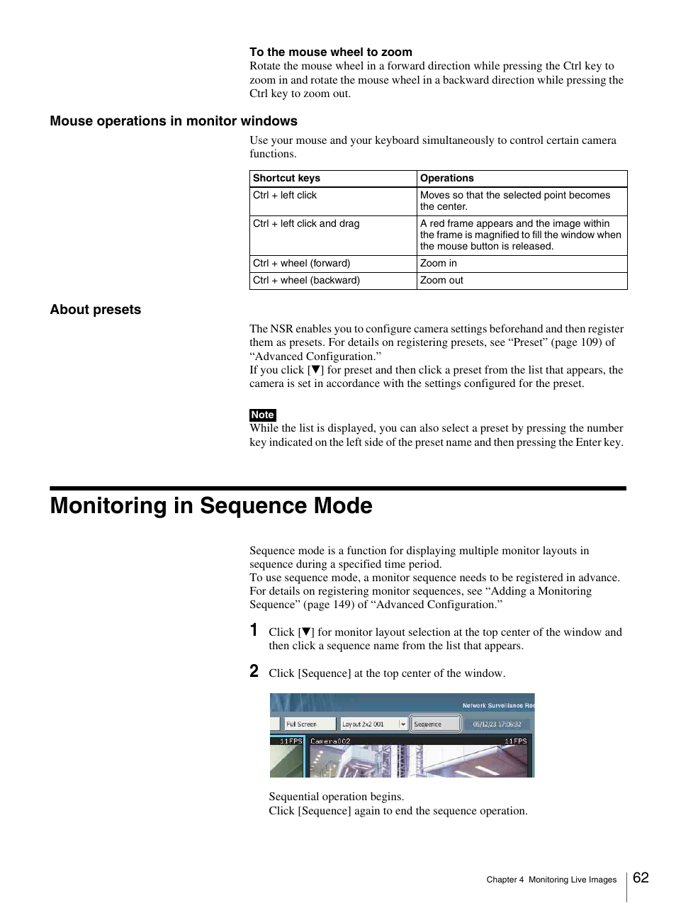 Monitoring in sequence mode | Sony IPELA NSR-100 User Manual | Page 62 / 186