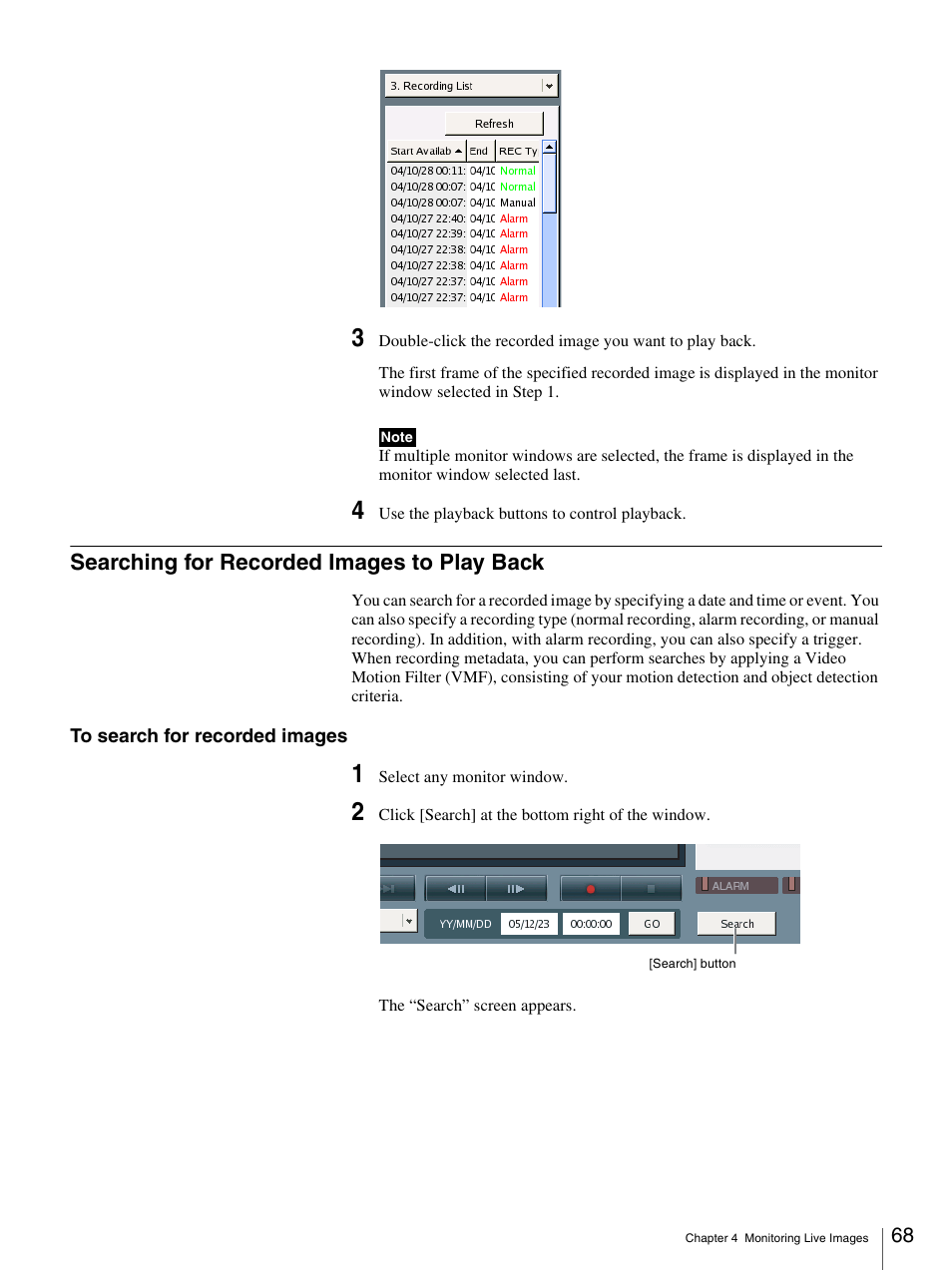 Searching for recorded images to play back | Sony IPELA NSR-100 User Manual | Page 68 / 186