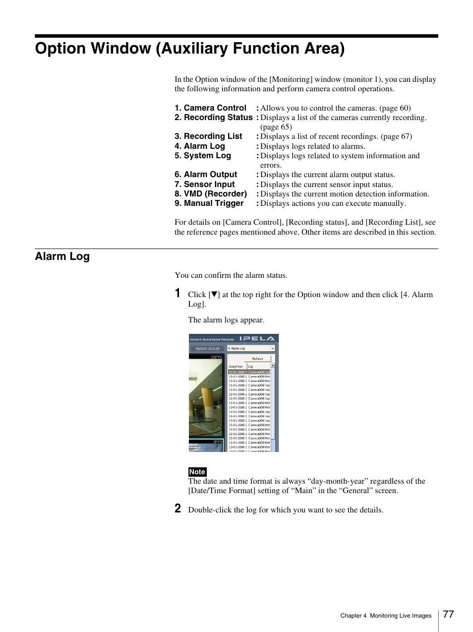 Option window (auxiliary function area), Alarm log, Ms, see “option window (auxiliary function | Sony IPELA NSR-100 User Manual | Page 77 / 186