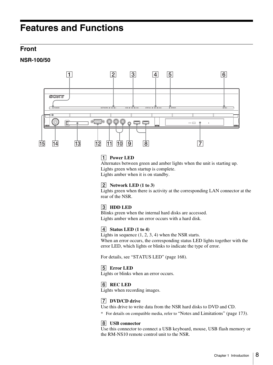 Features and functions, Front | Sony IPELA NSR-100 User Manual | Page 8 / 186