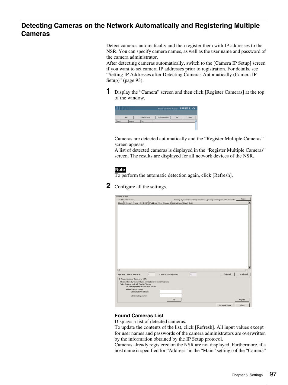 Detecting cameras on the network automatically and, Registering multiple cameras | Sony IPELA NSR-100 User Manual | Page 97 / 186