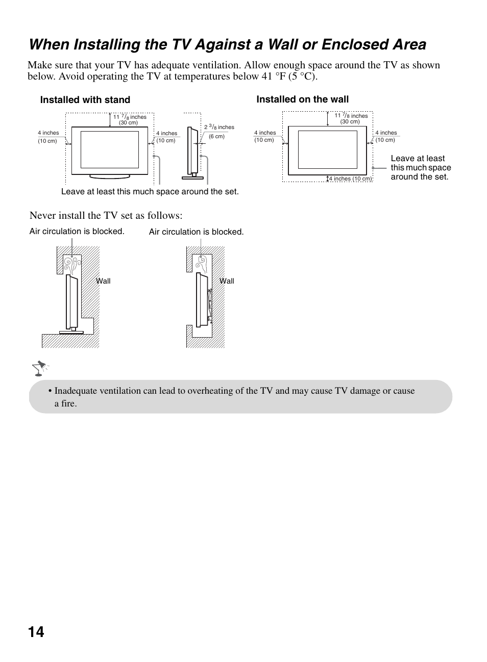 When installing the tv against a wall or, Enclosed area, Never install the tv set as follows | Installed with stand, Installed on the wall | Sony BRAVIA 22BX320 User Manual | Page 14 / 64