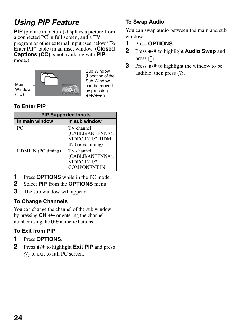 Using pip feature, 24 using pip feature | Sony BRAVIA 22BX320 User Manual | Page 24 / 64