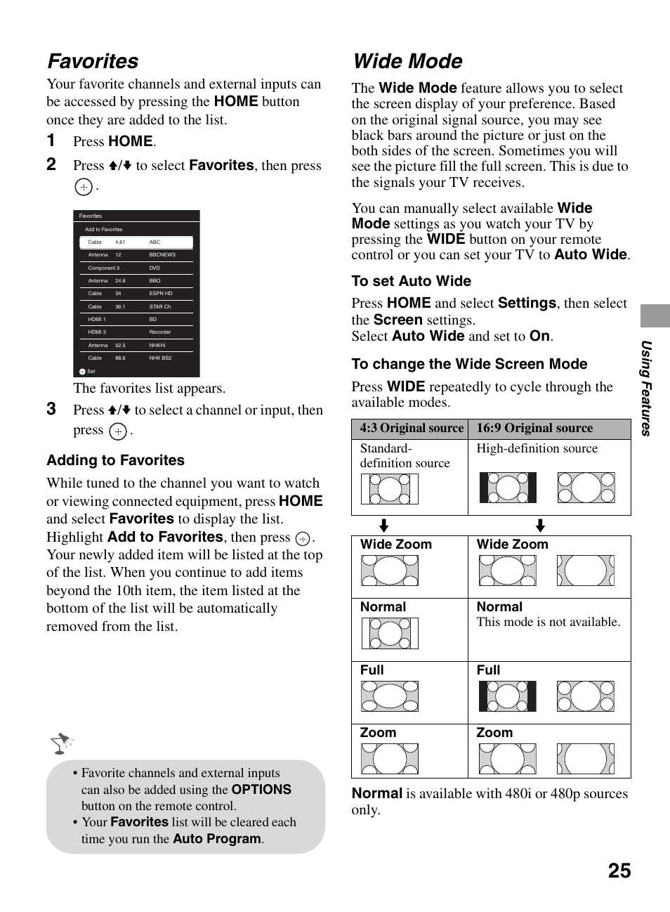 Favorites, Wide mode, Press home | Sony BRAVIA 22BX320 User Manual | Page 25 / 64