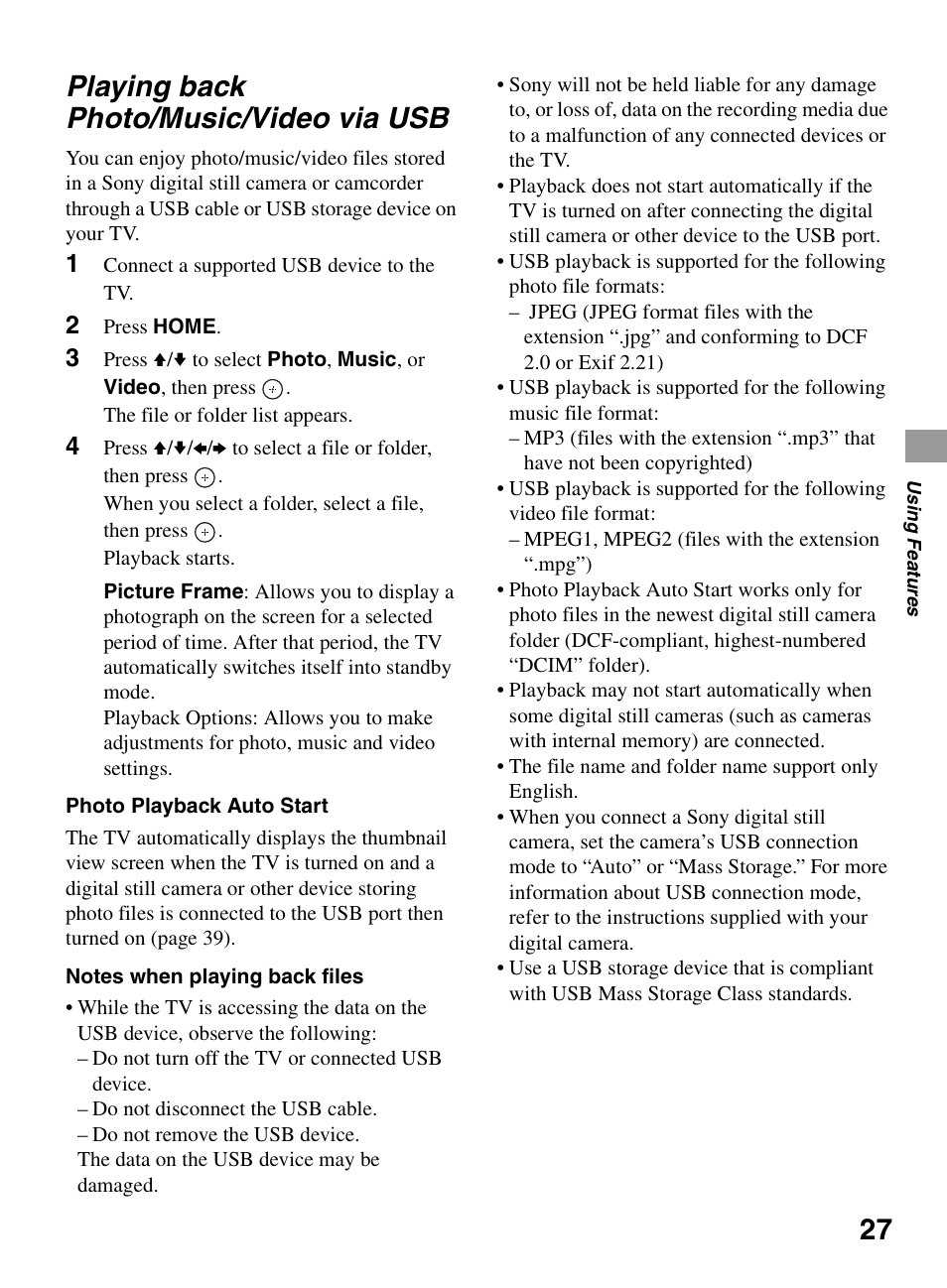 Playing back photo/music/video via usb, Playing back photo/music, Video via usb | Sony BRAVIA 22BX320 User Manual | Page 27 / 64