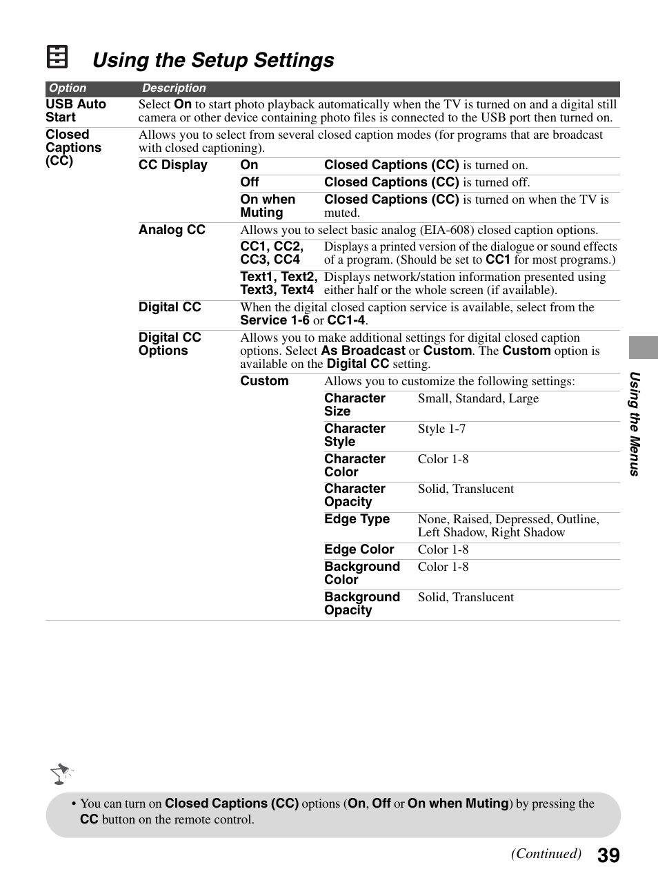 Using the setup settings | Sony BRAVIA 22BX320 User Manual | Page 39 / 64