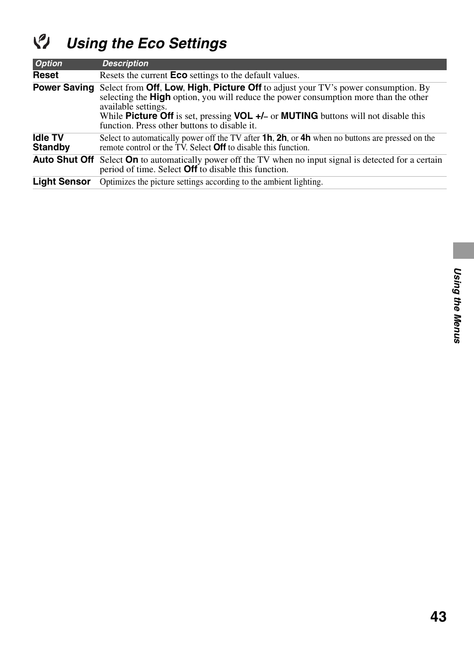 Using the eco settings | Sony BRAVIA 22BX320 User Manual | Page 43 / 64