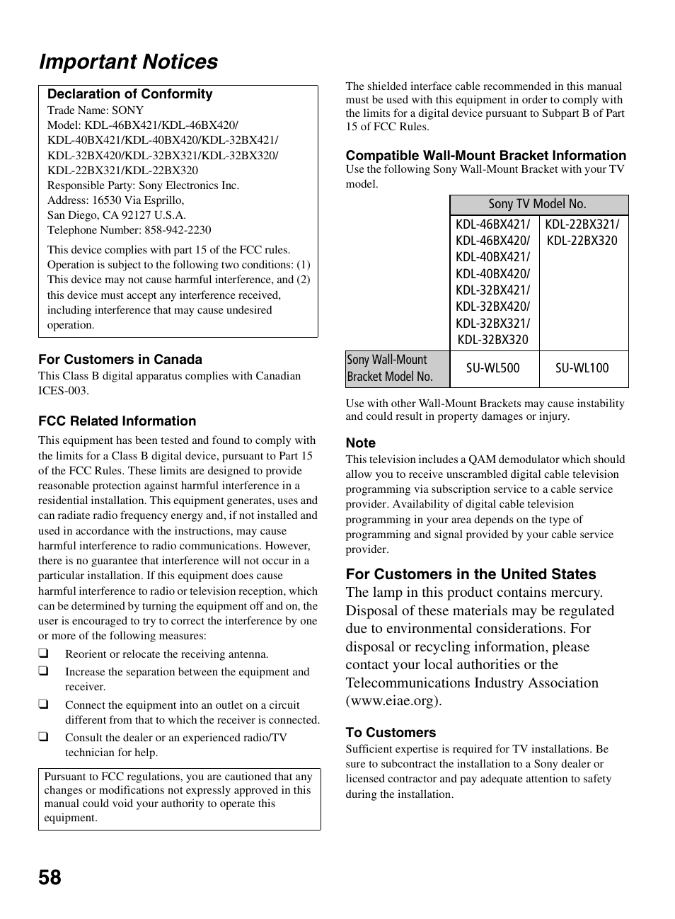 Important notices, 58 important notices | Sony BRAVIA 22BX320 User Manual | Page 58 / 64