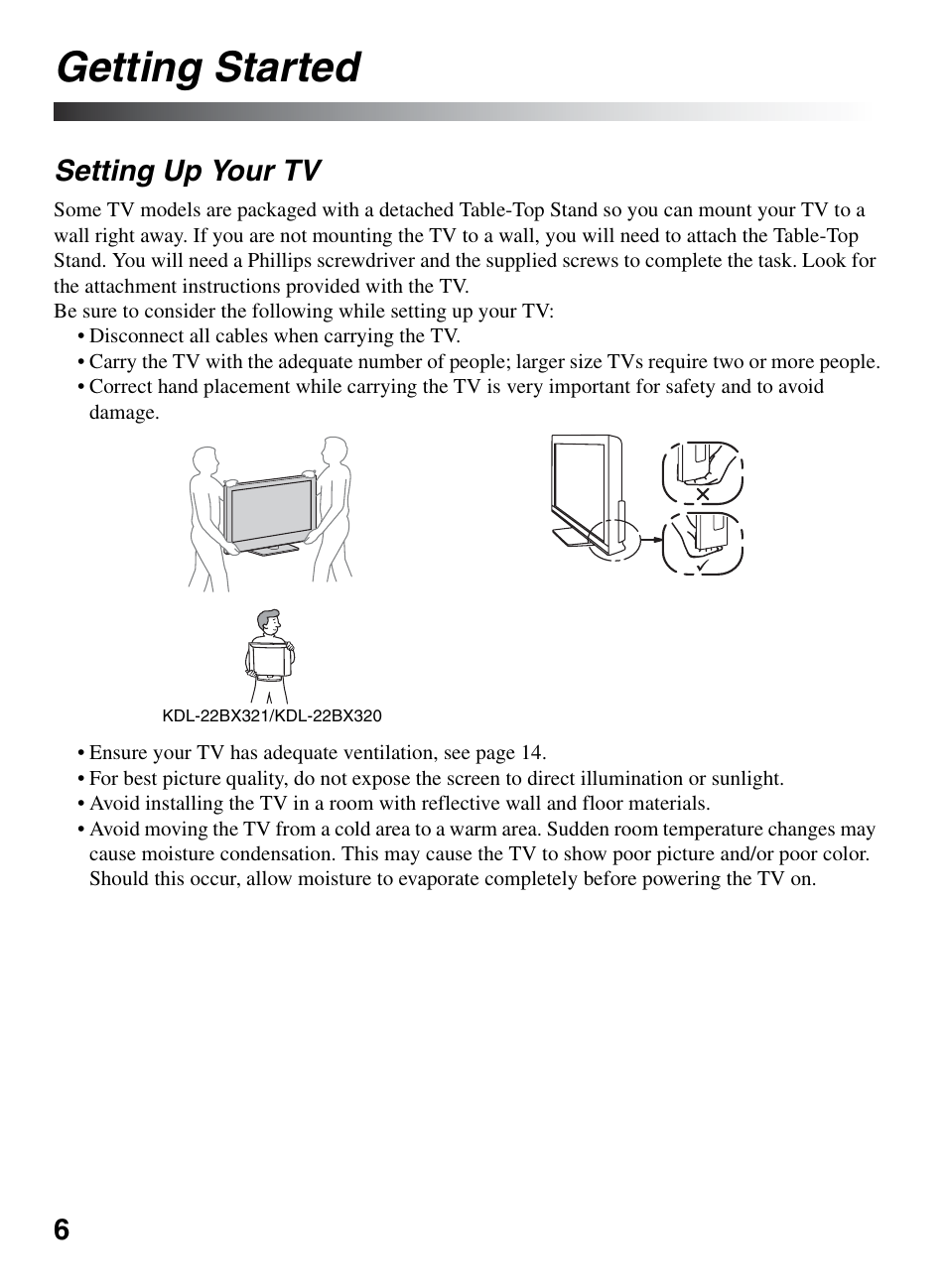 Getting started, Setting up your tv | Sony BRAVIA 22BX320 User Manual | Page 6 / 64