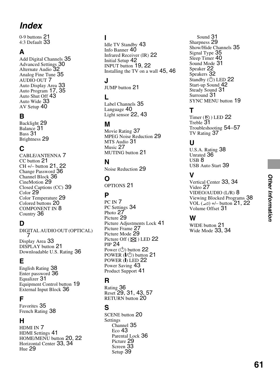 Index | Sony BRAVIA 22BX320 User Manual | Page 61 / 64