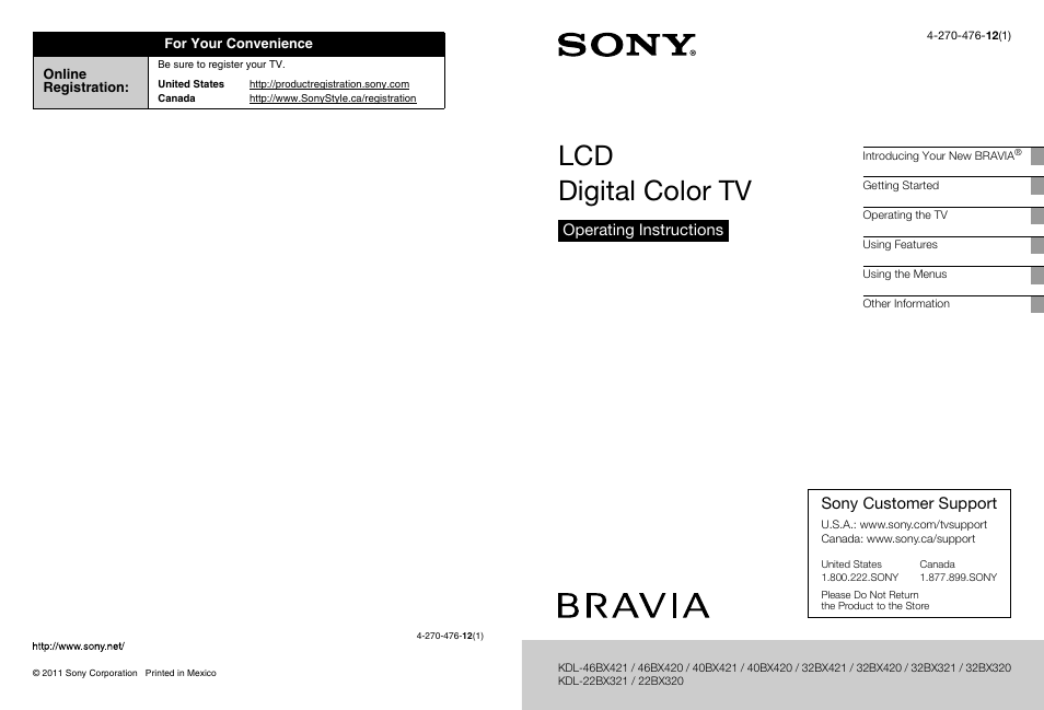 Lcd digital color tv, Operating instructions, Sony customer support | Sony BRAVIA 22BX320 User Manual | Page 64 / 64