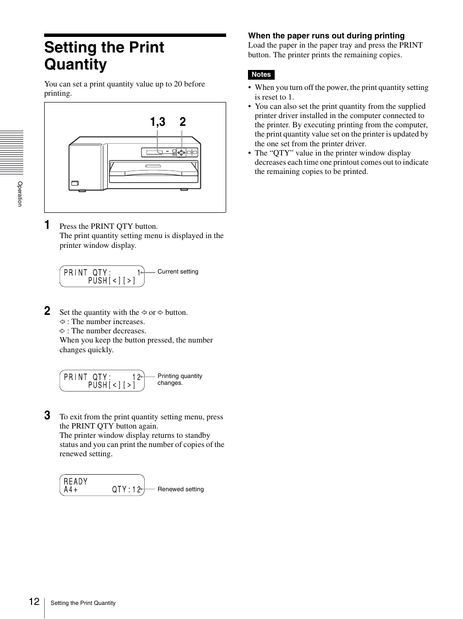 Setting the print quantity, N (12) | Sony UP-D75 User Manual | Page 12 / 22