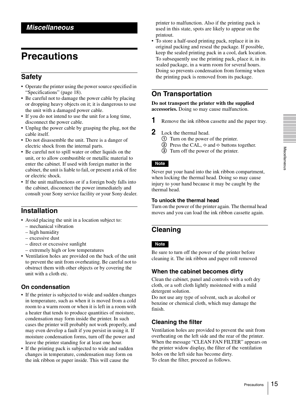 Miscellaneous, Precautions, Safety | Installation, On transportation, Cleaning, Safety installation on transportation cleaning | Sony UP-D75 User Manual | Page 15 / 22