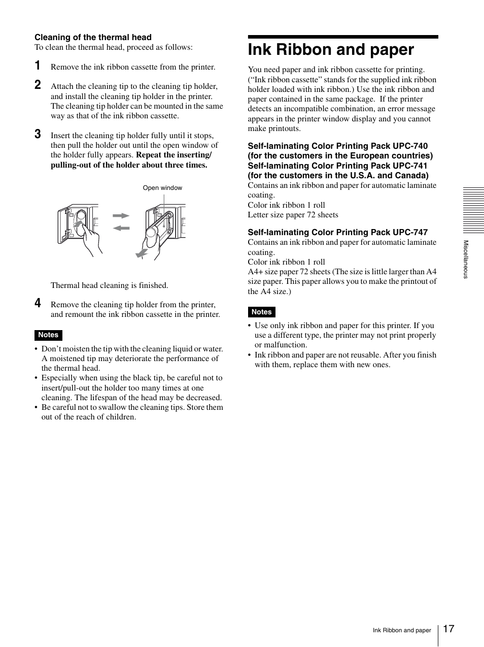 Ink ribbon and paper | Sony UP-D75 User Manual | Page 17 / 22