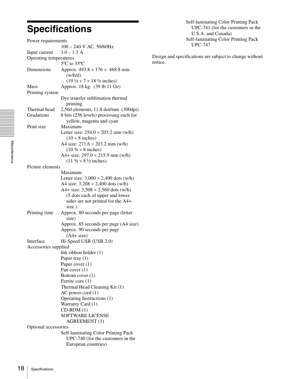 Specifications | Sony UP-D75 User Manual | Page 18 / 22