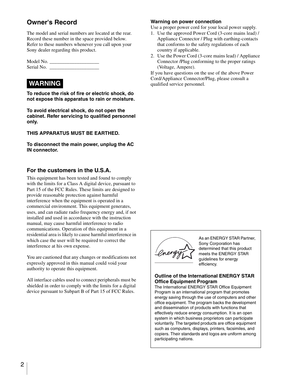 Owner's record, Warning | Sony UP-D75 User Manual | Page 2 / 22