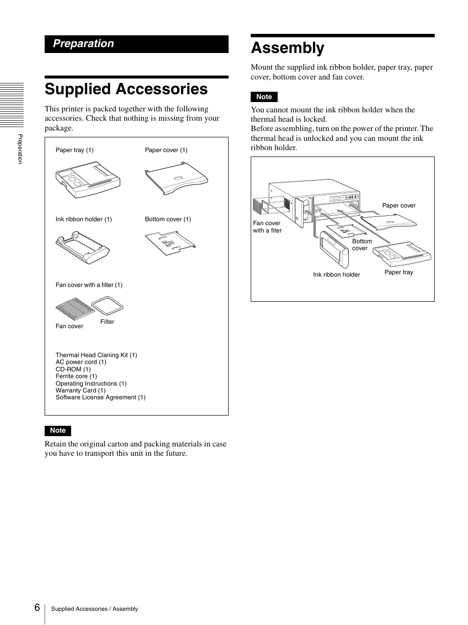 Preparation, Supplied accessories, Assembly | Supplied accessories assembly, R (6) | Sony UP-D75 User Manual | Page 6 / 22