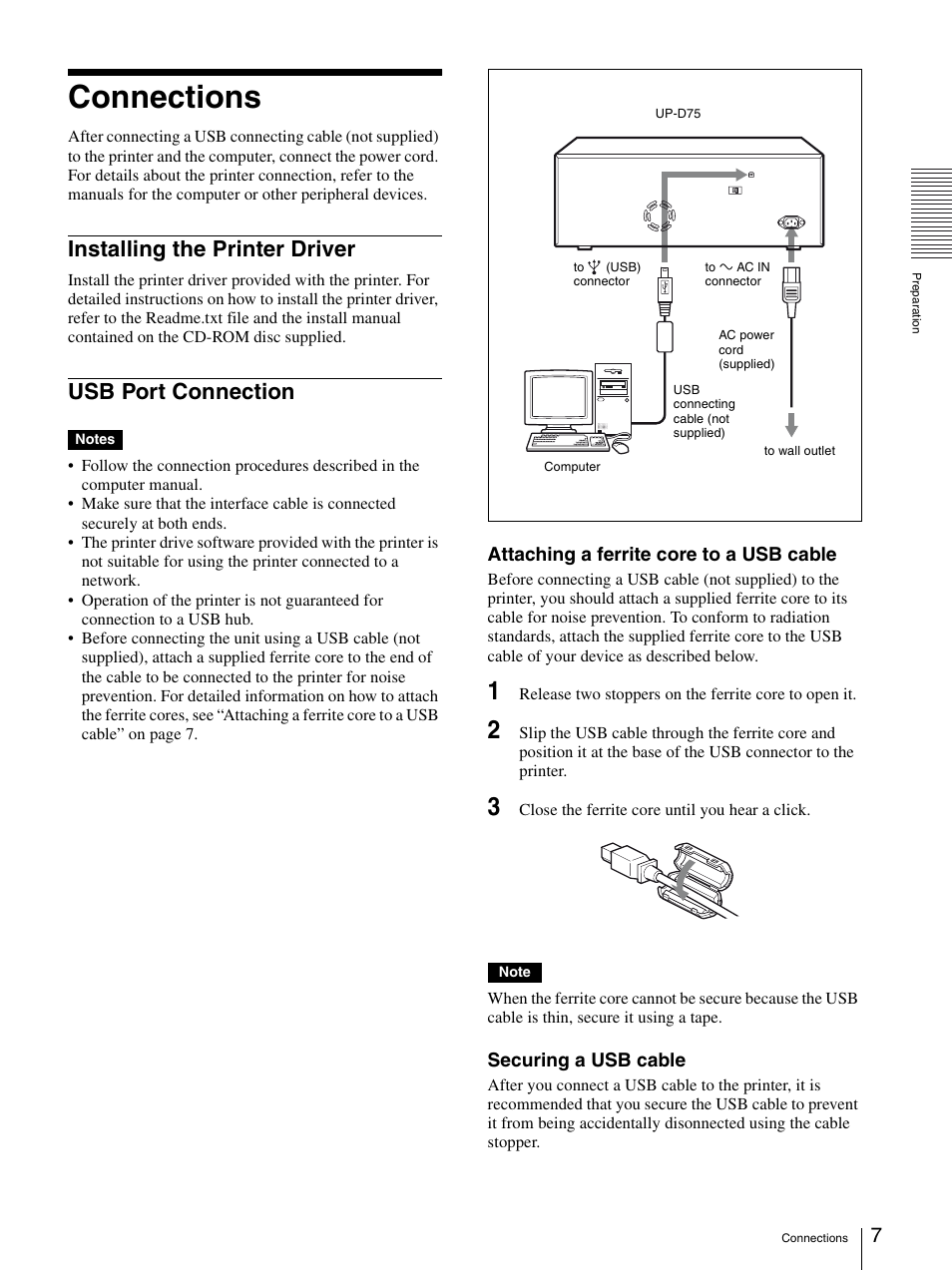 Connections, Installing the printer driver, Usb port connection | Installing the printer driver usb port connection, Er (7), Ector (7) | Sony UP-D75 User Manual | Page 7 / 22