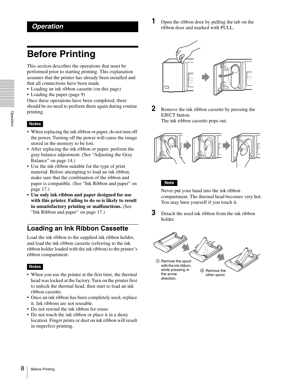 Operation, Before printing, Loading an ink ribbon cassette | Sony UP-D75 User Manual | Page 8 / 22