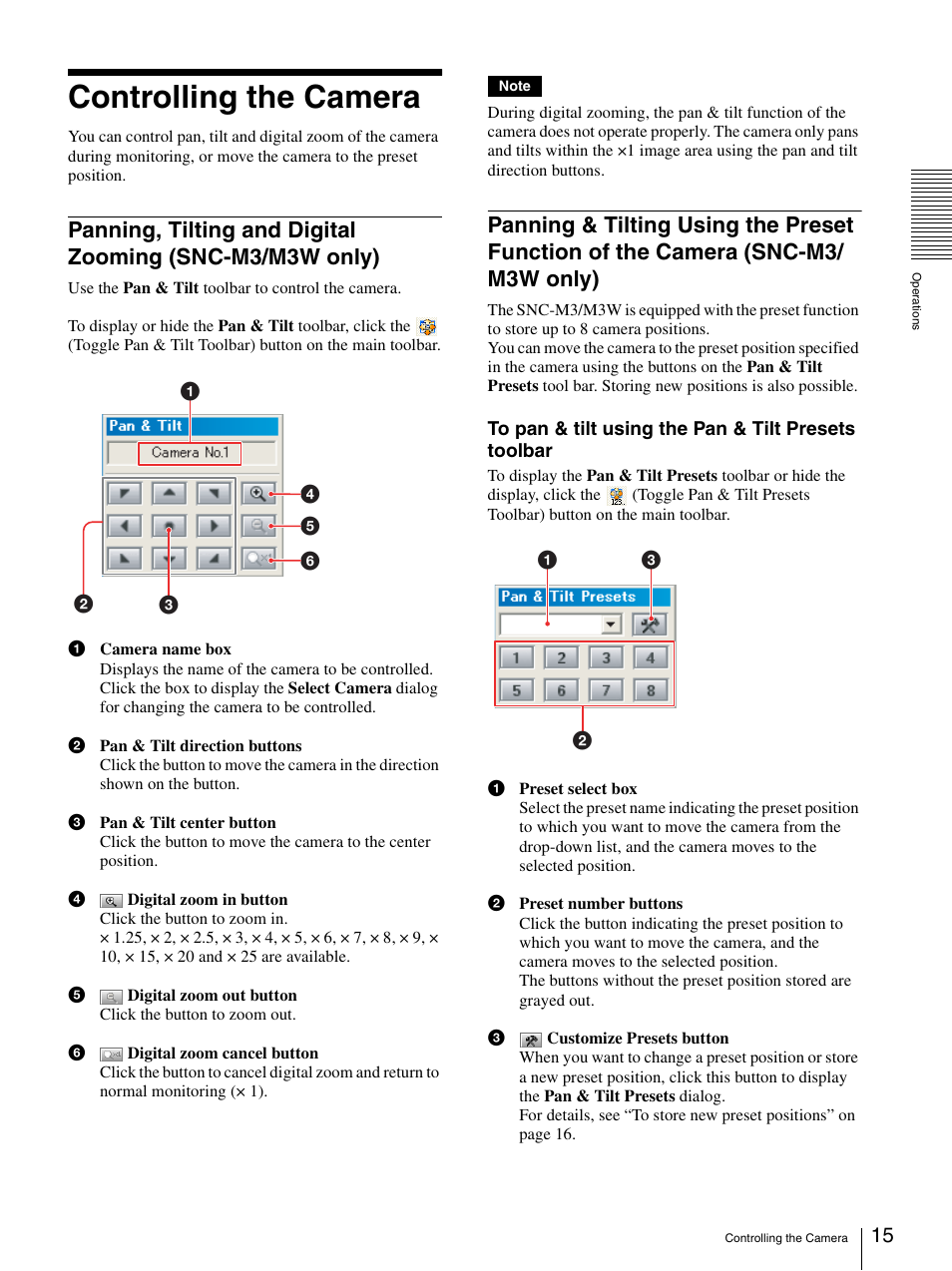 Controlling the camera, Panning, tilting and digital zooming, Snc-m3/m3w only) | Panning & tilting using the preset function of the, Camera (snc-m3/m3w only), Controlling the camera” i | Sony 9032PW User Manual | Page 15 / 37