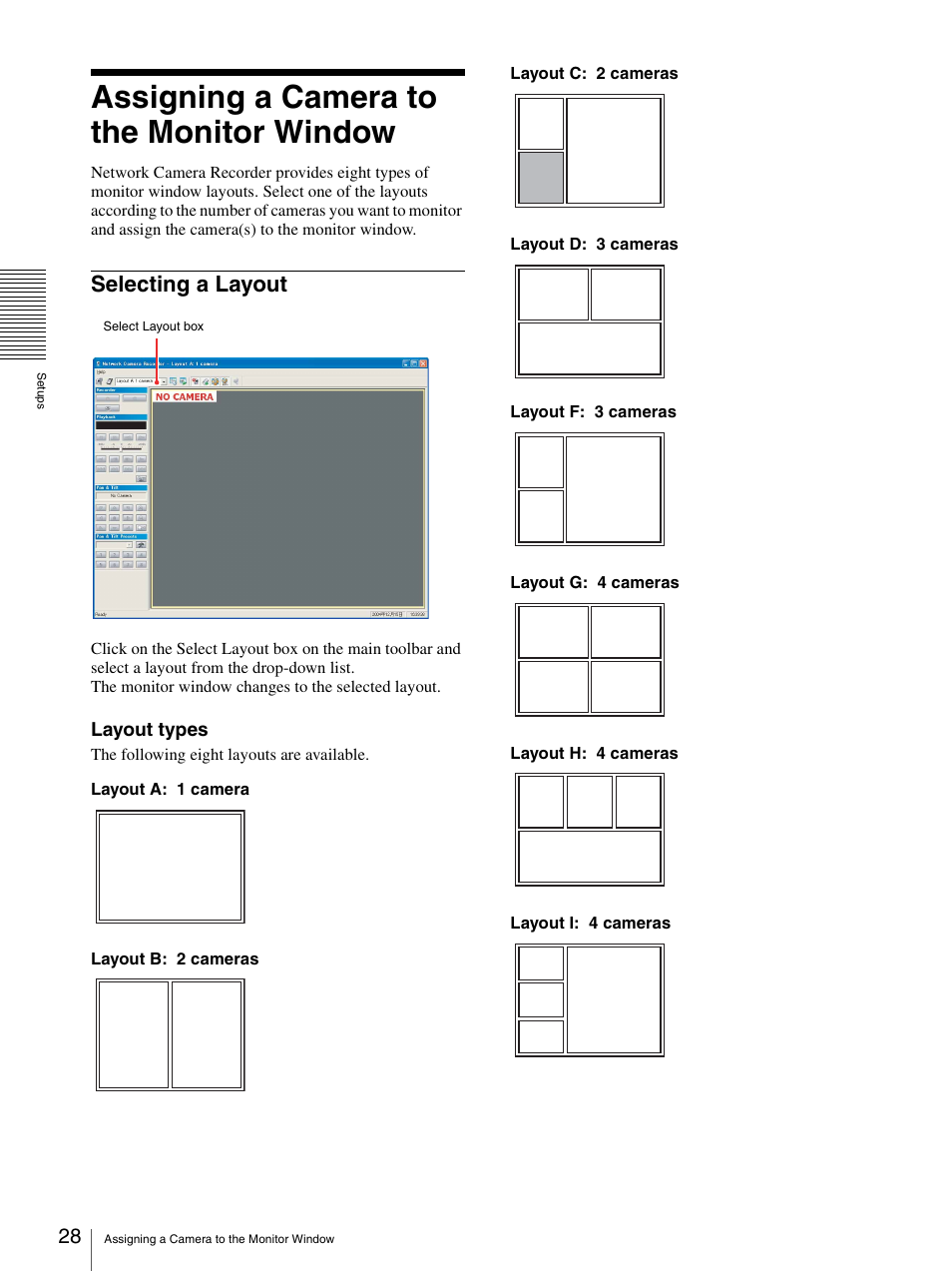 Assigning a camera to the monitor window, Selecting a layout, Assigning a camera to the monitor window” in | Sony 9032PW User Manual | Page 28 / 37