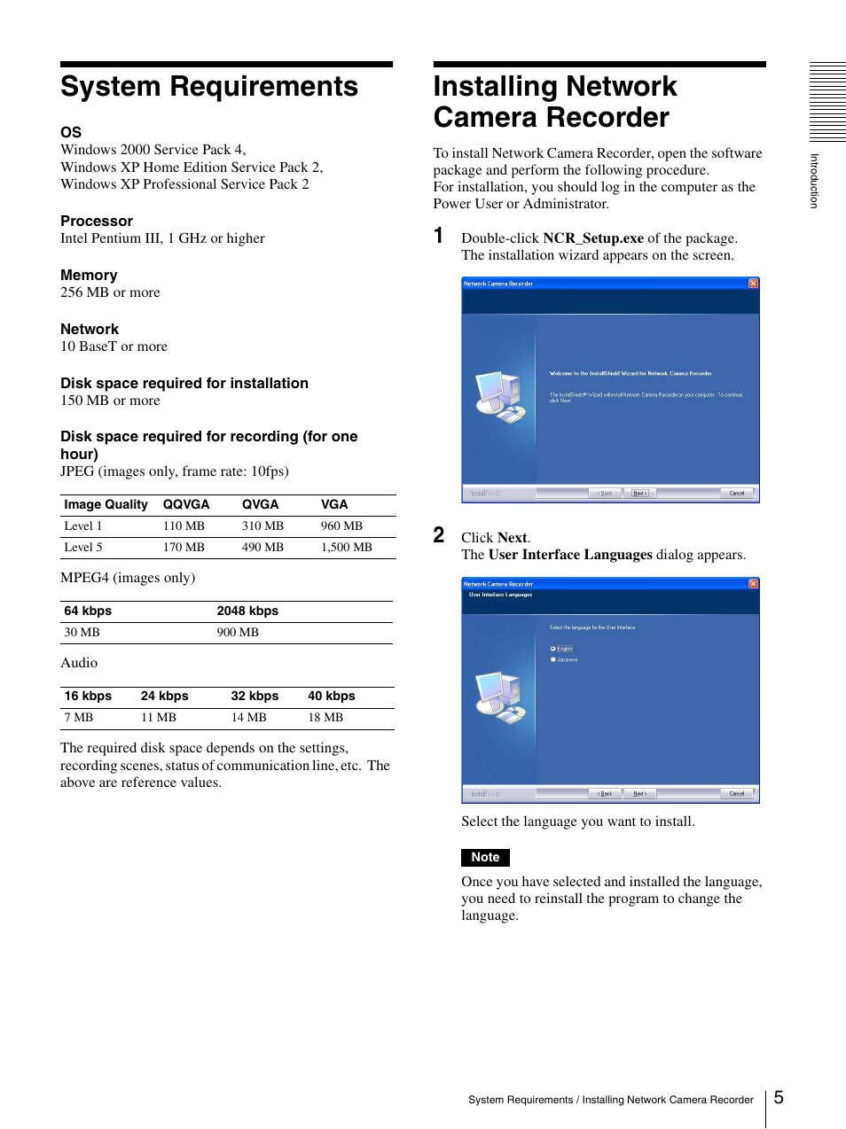 System requirements, Installing network camera recorder | Sony 9032PW User Manual | Page 5 / 37