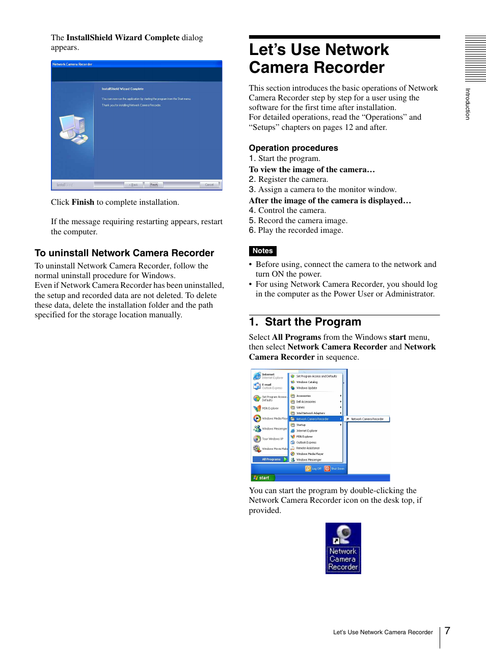 Let’s use network camera recorder, Start the program | Sony 9032PW User Manual | Page 7 / 37