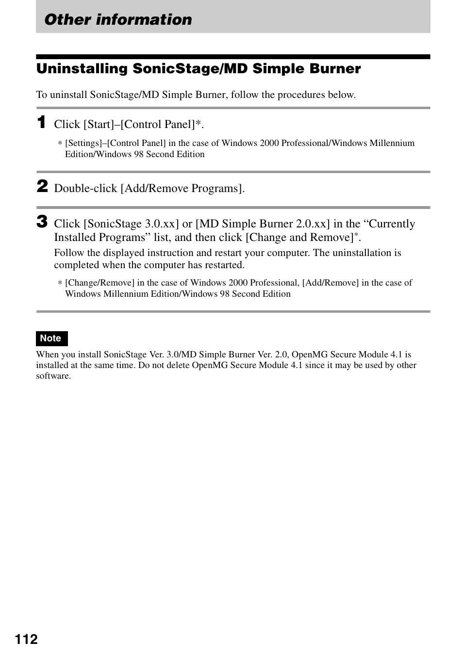 Other information, Uninstalling sonicstage/md simple burner | Sony MZ-RH10 User Manual | Page 112 / 119