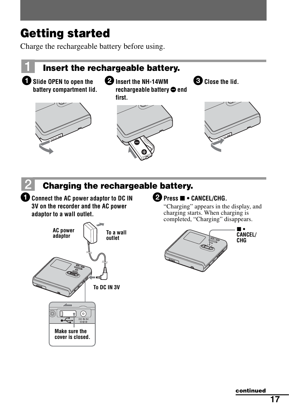 Getting started | Sony MZ-RH10 User Manual | Page 17 / 119