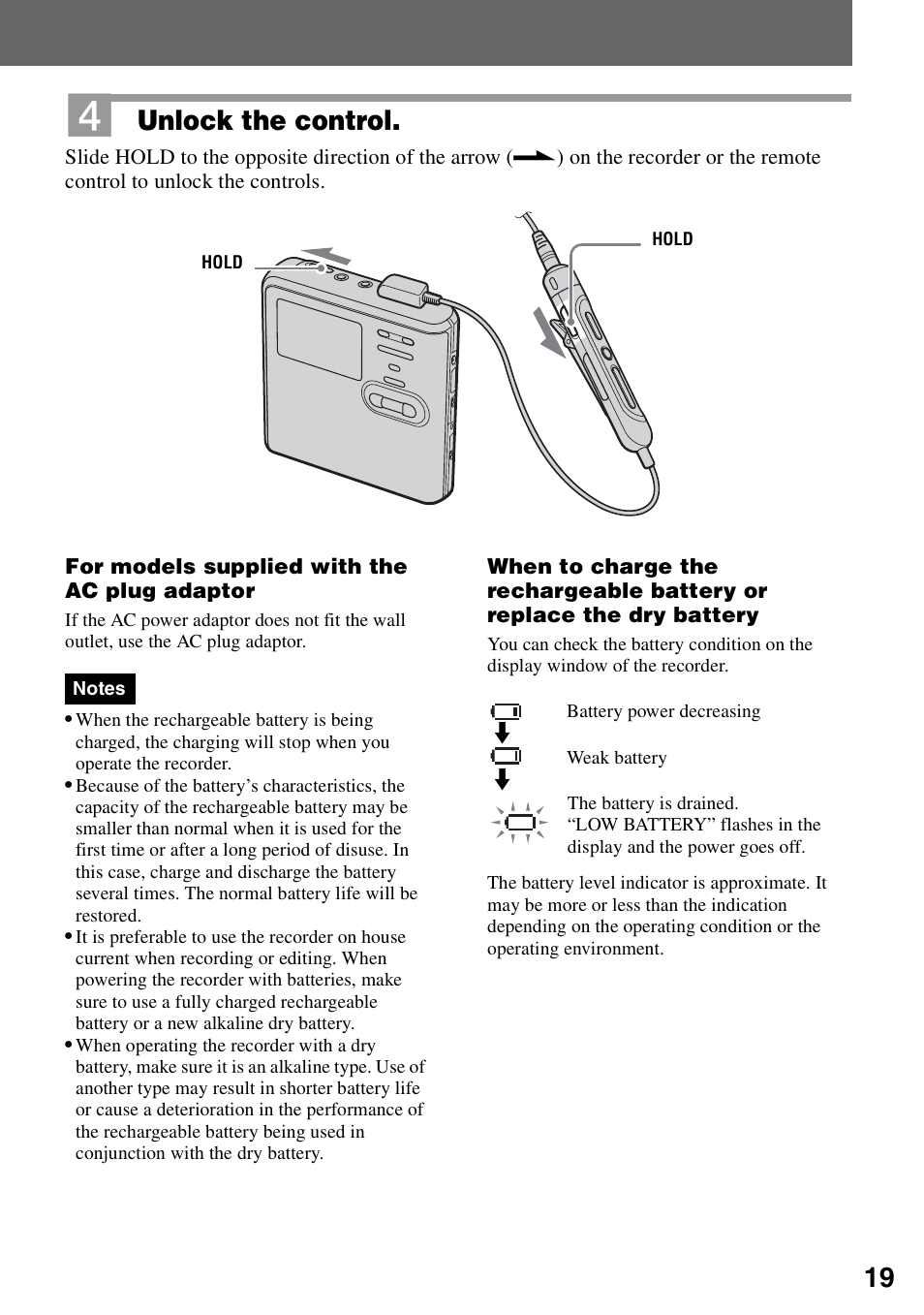 Unlock the control | Sony MZ-RH10 User Manual | Page 19 / 119
